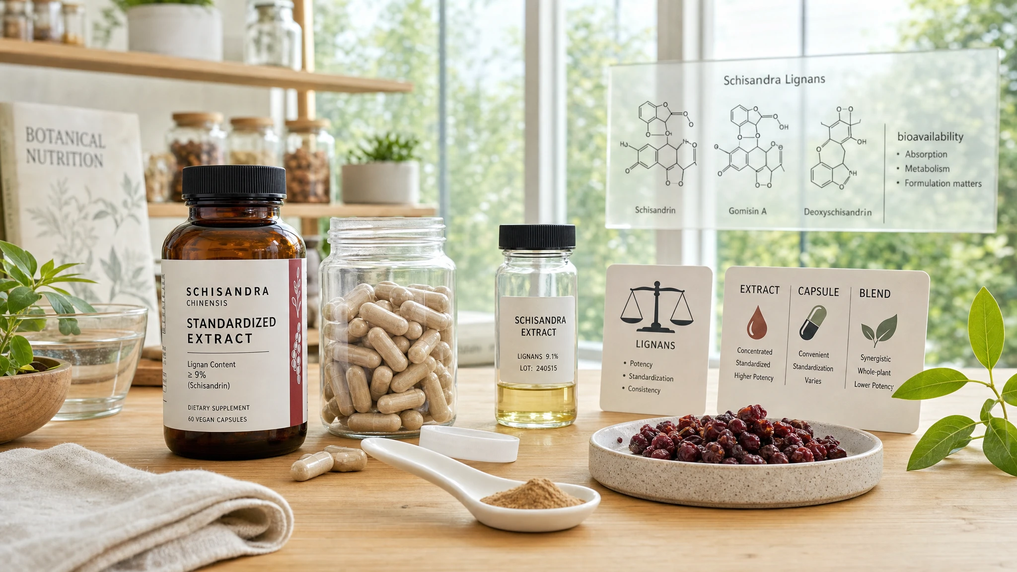 Schisandra in various supplement forms, including standardized extract, capsules, and powder, to highlight differences in formulation and bioavailability.