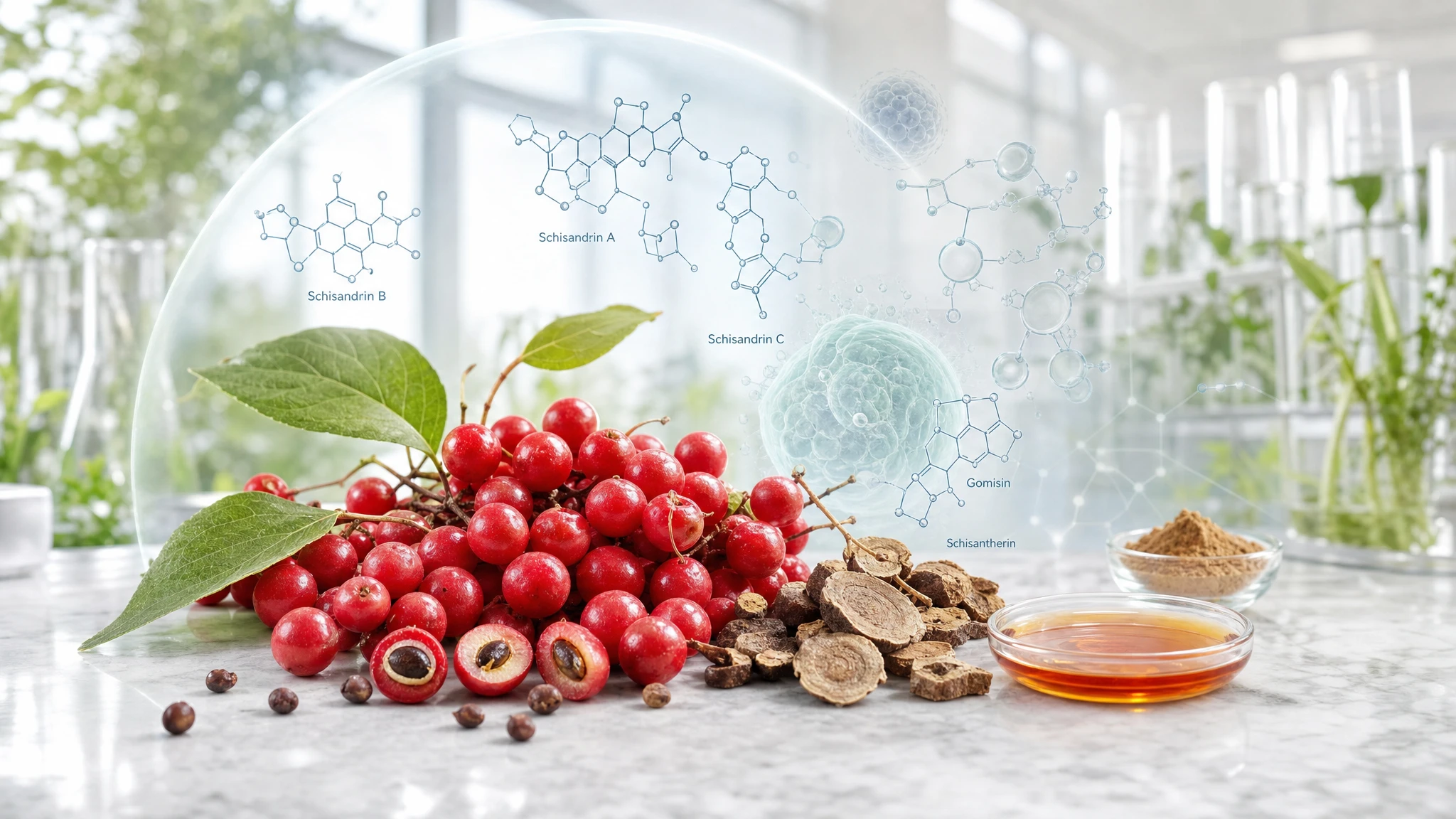 Schisandra chinensis with berries, extract, and molecular references in a scientific botanical scene depicting its biological properties.