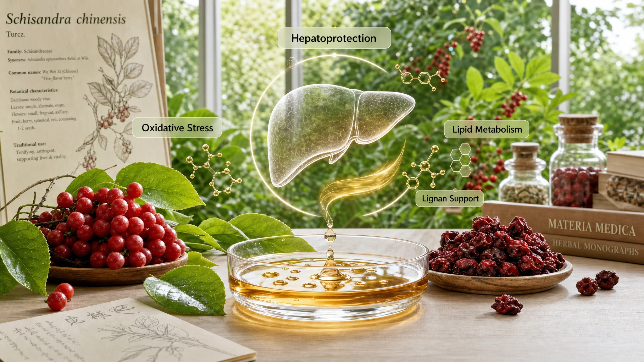 Schisandra berries and a subtle liver protection concept illustrating antioxidant and metabolic support in liver disease research.