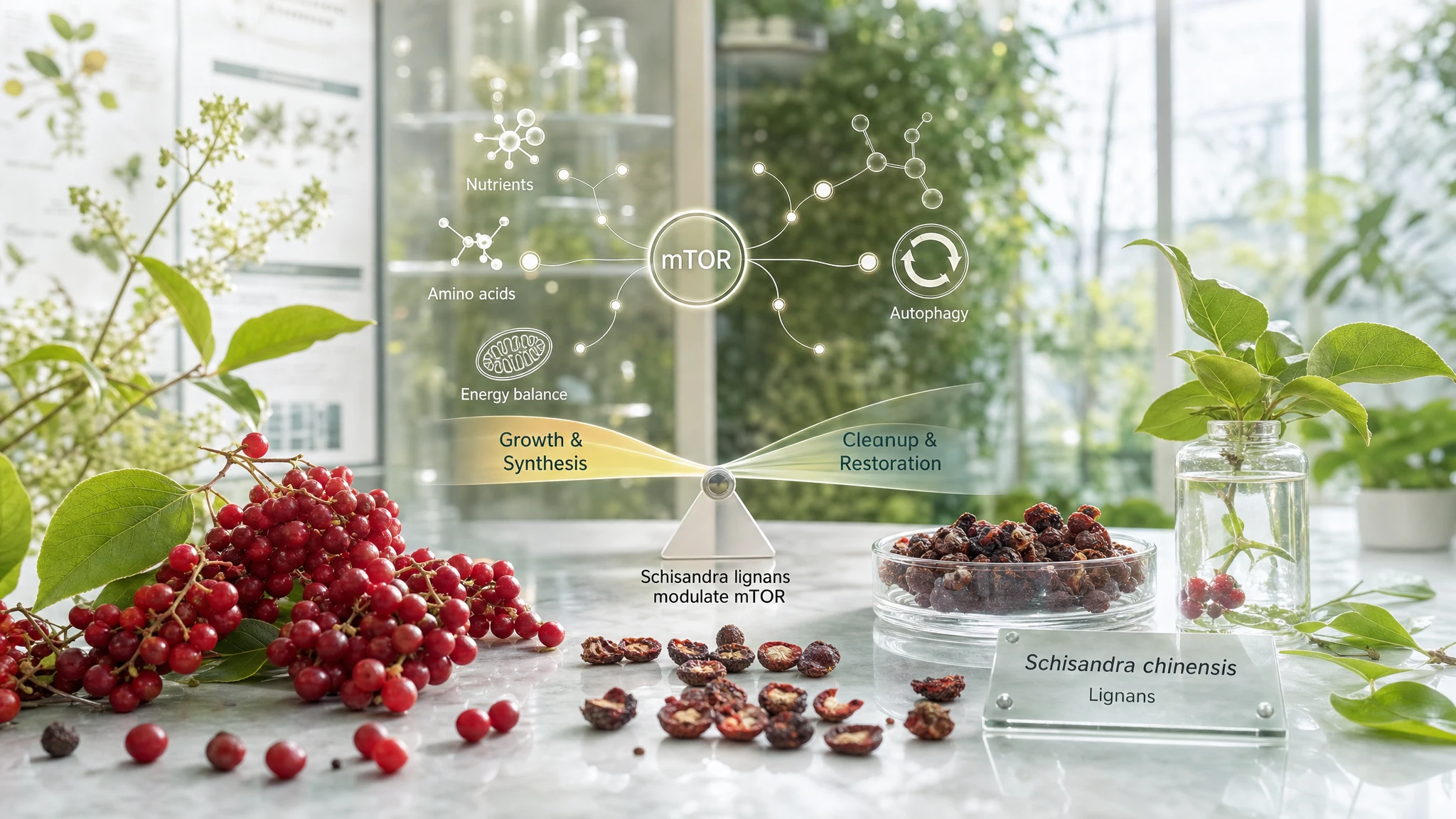 Schisandra berries with molecular pathway concept showing mTOR balance, energy regulation, and autophagy in a bright botanical scientific scene.