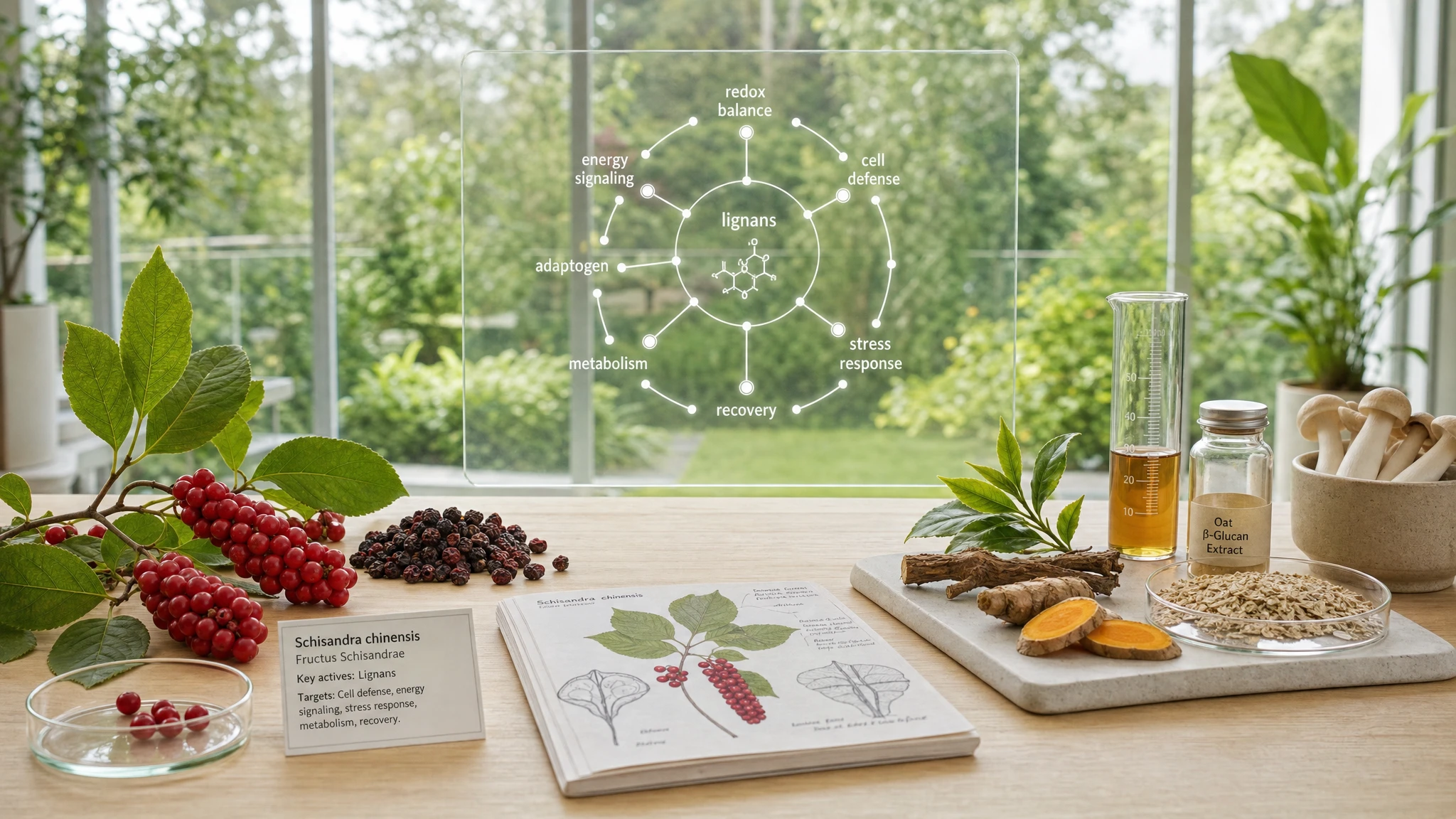 Scientific still life with Schisandra, other natural plants, and molecular diagrams to compare lignans, cellular stress, and energy metabolism.