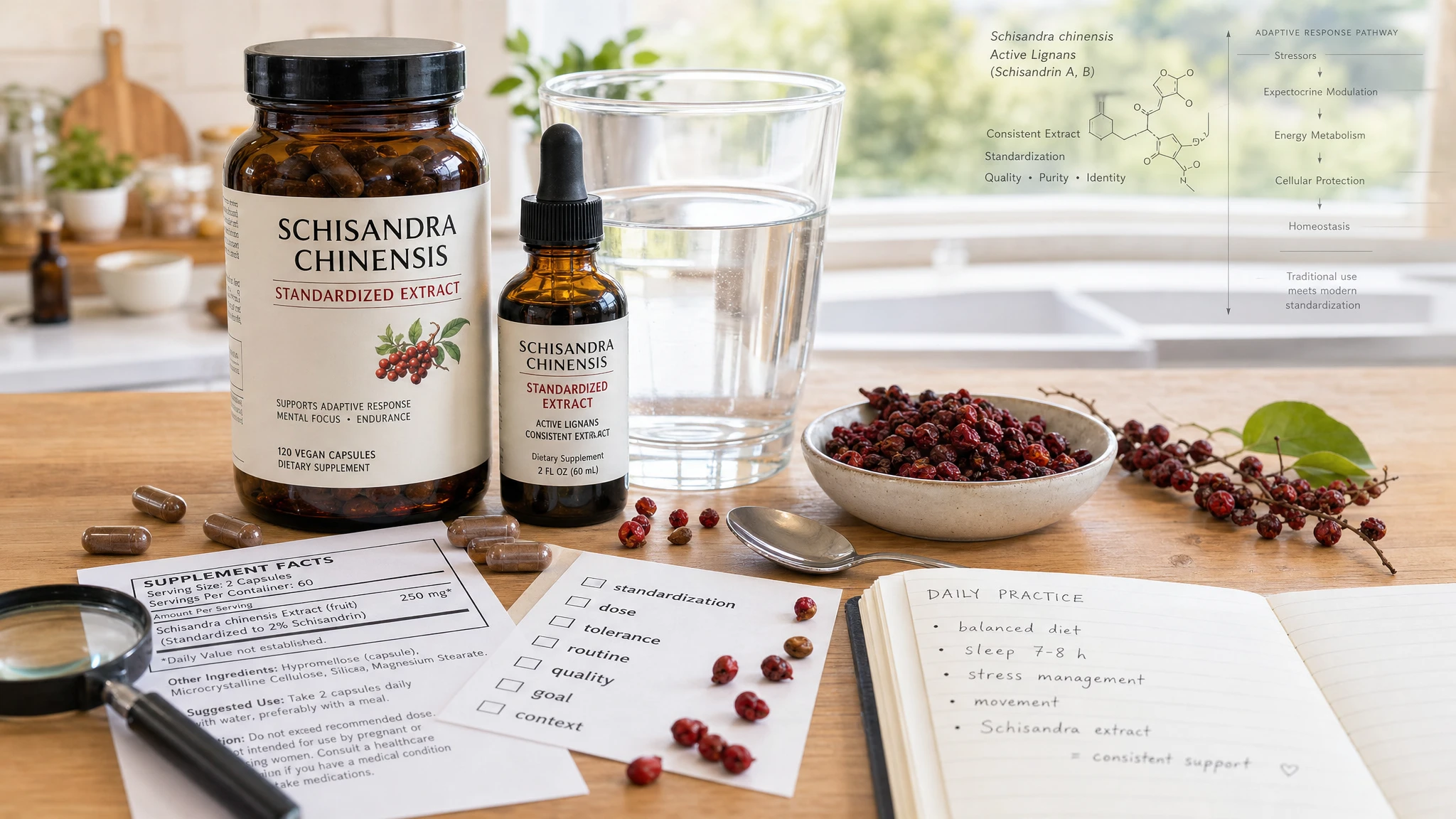 Schisandra in a scientific home setting with standardized extract, label, checklist, and dried berries for practical and informed use.