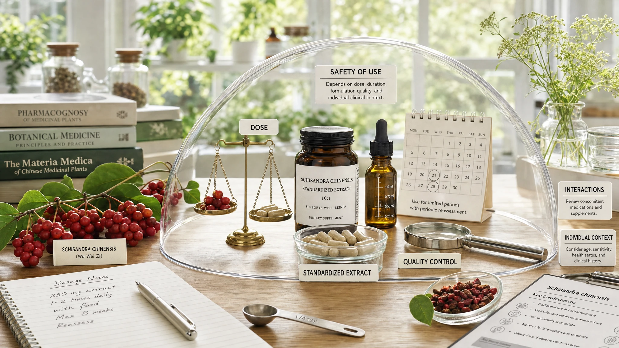 Scientific still life with Schisandra berries, standardized extract, measuring instruments, and references to dosage, duration, and quality of use.