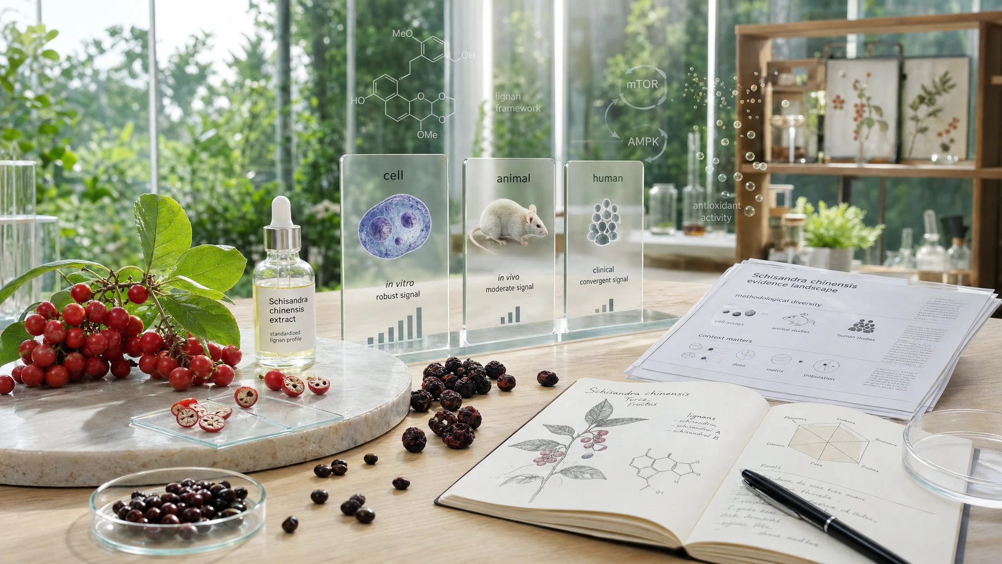 Schisandra, berries, and scientific diagrams showing the transition from laboratory evidence to human clinical relevance.