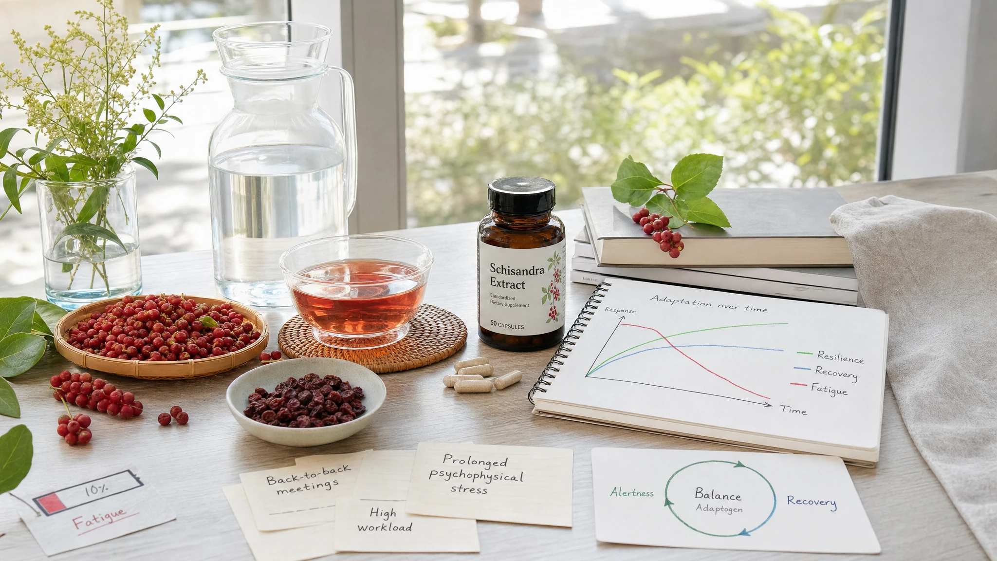 Scientific still life with Schisandra, herbal tea, balance charts, and stress signals, in a bright and natural setting.