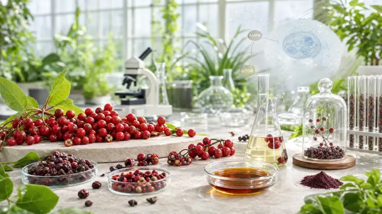 Schisandra chinensis with berries, extract, and molecular references in a bright scientific scene regarding properties, the liver, and metabolism.