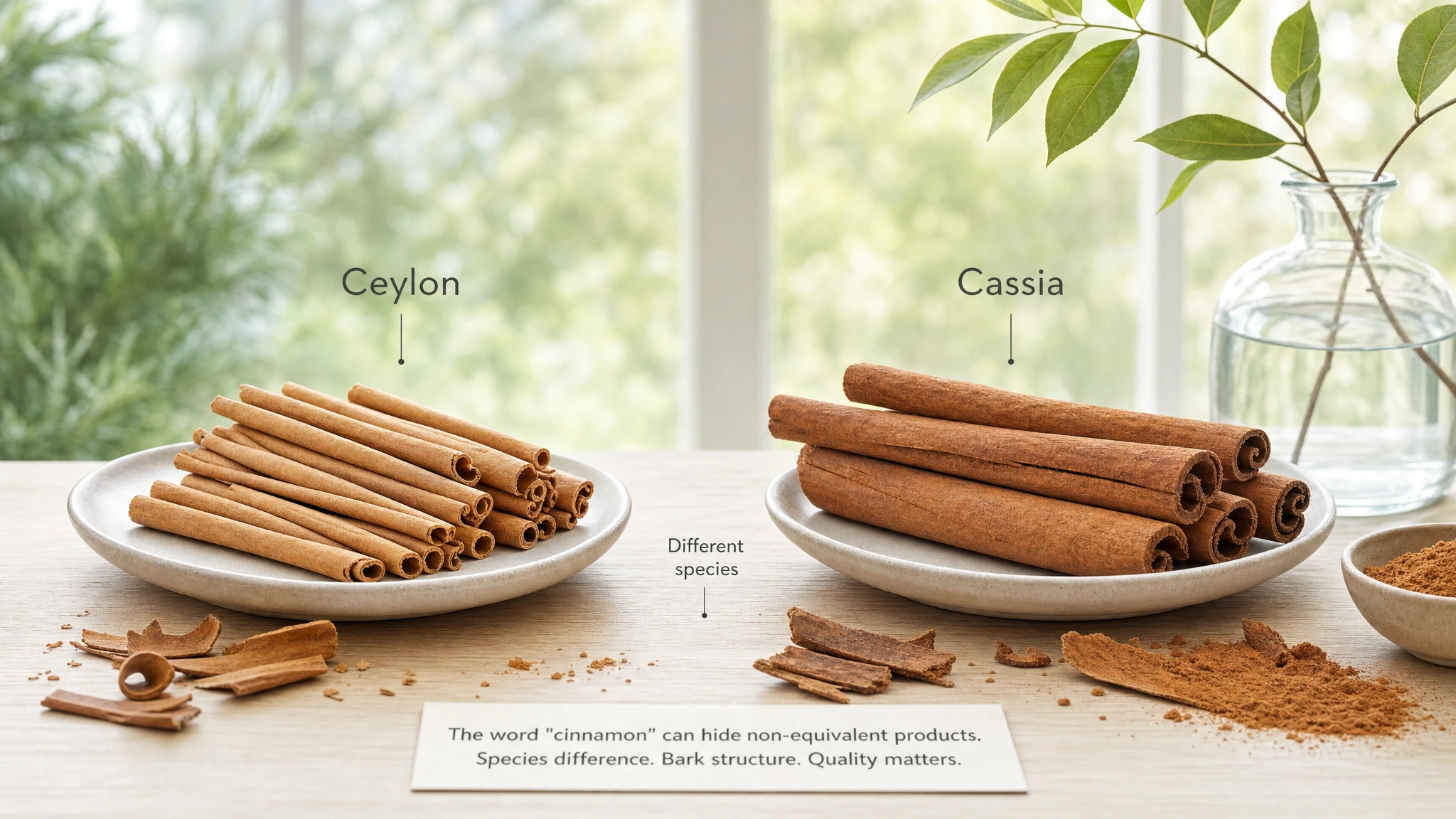 Visual comparison between Ceylon cinnamon and cassia with different sticks, clear labels, and natural botanical context.