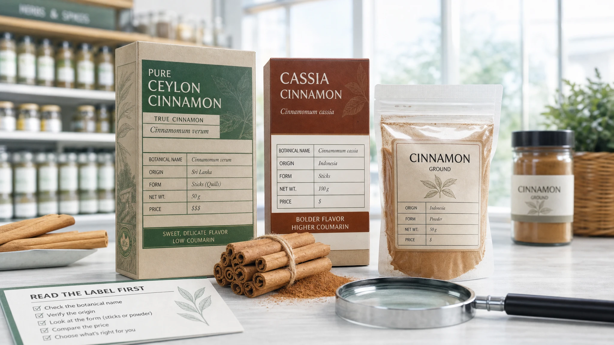 Cinnamon packaging with legible labels, botanical name highlighted, and a magnifying glass on a light table.