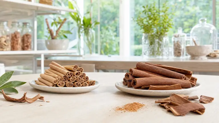Photographic comparison between Ceylon cinnamon and cassia with different sticks, on a bright and realistic natural background.