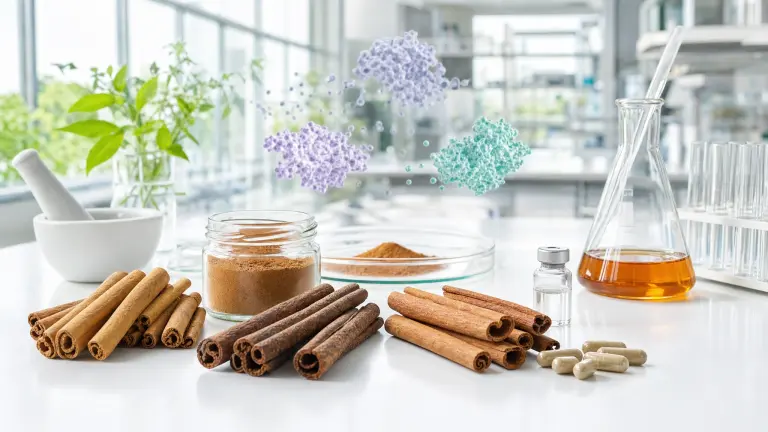 Cinnamon sticks, powder, and capsules next to laboratory glassware, to show differences between species, composition, and enzymatic activity.