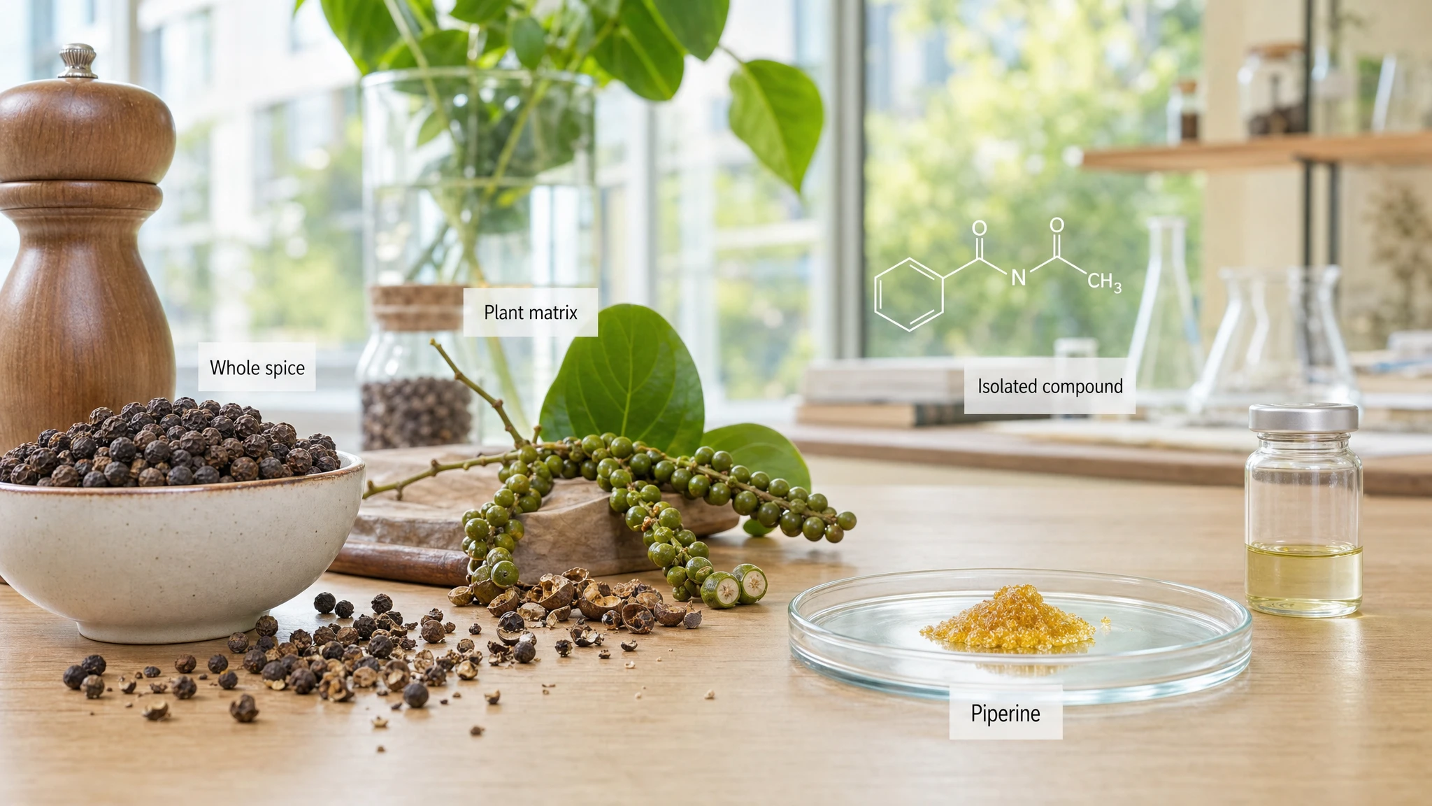 Confronto visivo tra pepe nero intero e piperina isolata, con spezia naturale, cristalli purificati e richiami molecolari in un contesto scientifico luminoso.