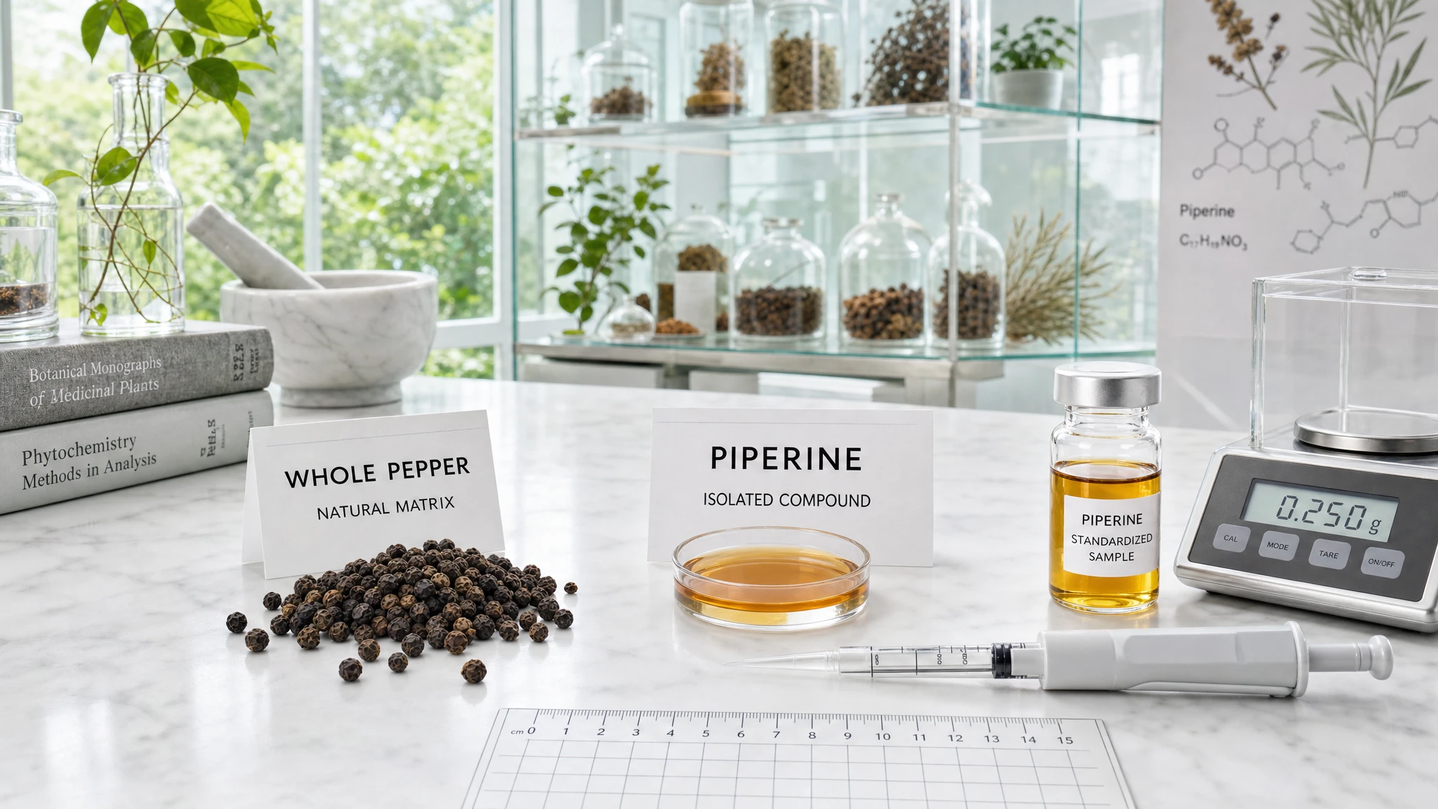 Pepe nero e piperina in un contesto scientifico, con campione isolato, strumenti di misura e confronto tra matrice naturale e composto standardizzato.