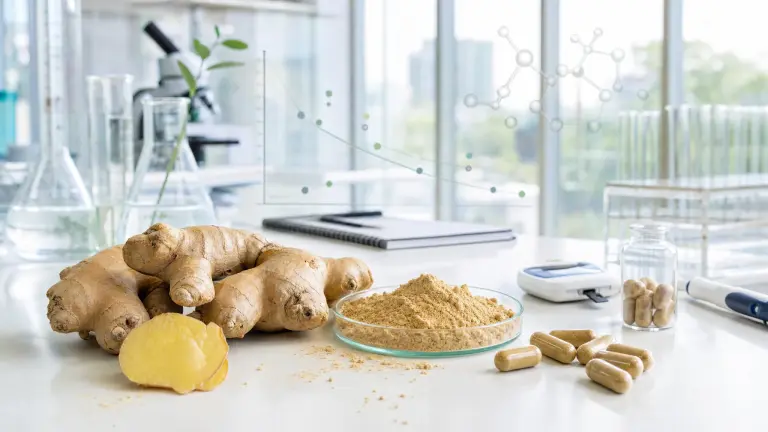 Ginger, capsules, and laboratory equipment in a bright scientific setting, reflecting studies on glycemia and HbA1c in type 2 diabetes.