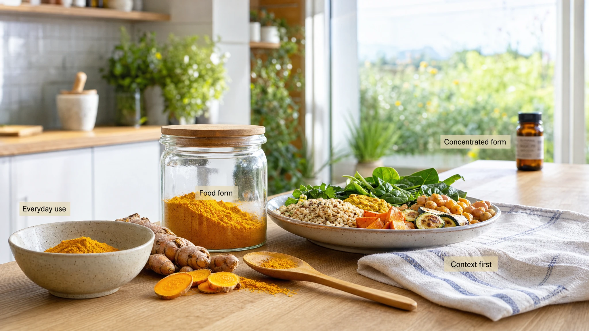 Bodegón editorial con cúrcuma en la cocina, comparación entre el uso alimentario diario y la forma concentrada, en un entorno luminoso y natural.