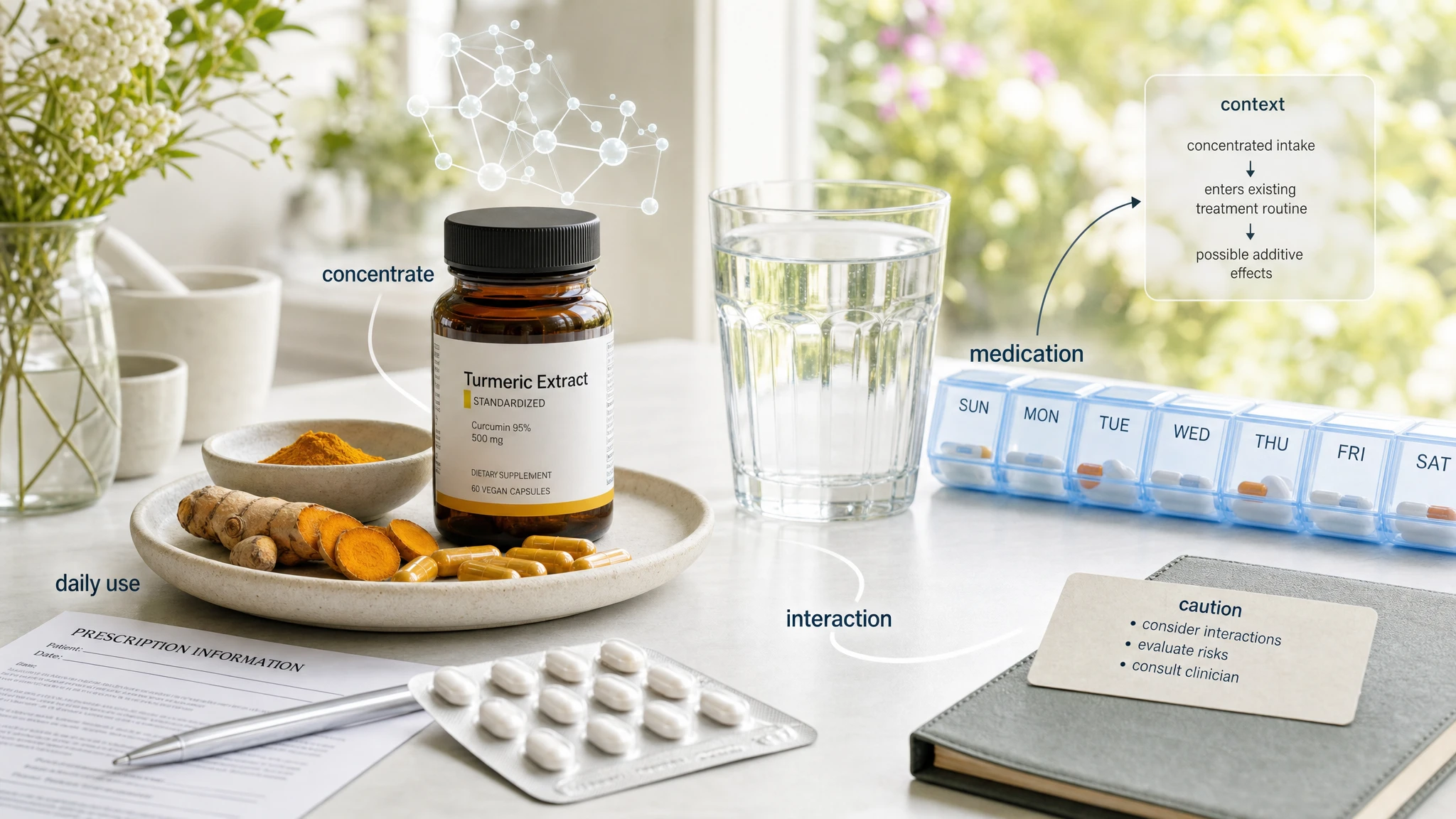 Cúrcuma concentrada junto a medicamentos y un recordatorio terapéutico, para ilustrar posibles interacciones y la prudencia en su uso.