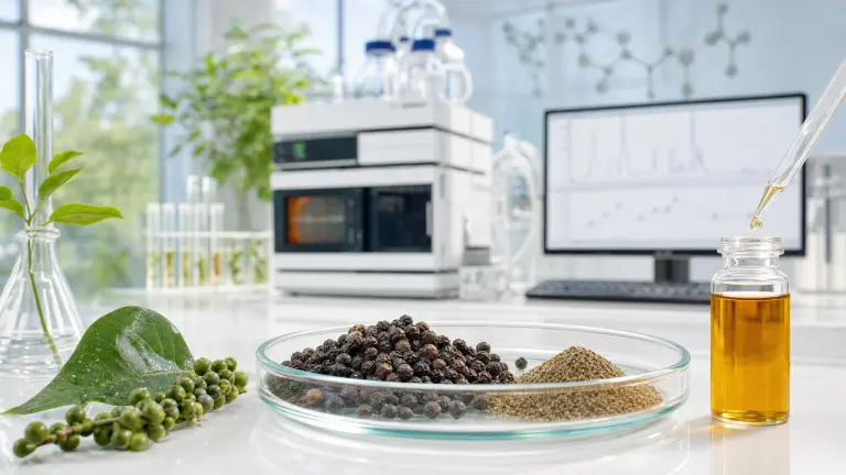 Black pepper, powder, and extract in laboratory glassware, with references to the analytical control of piperine and the standardization of extracts.