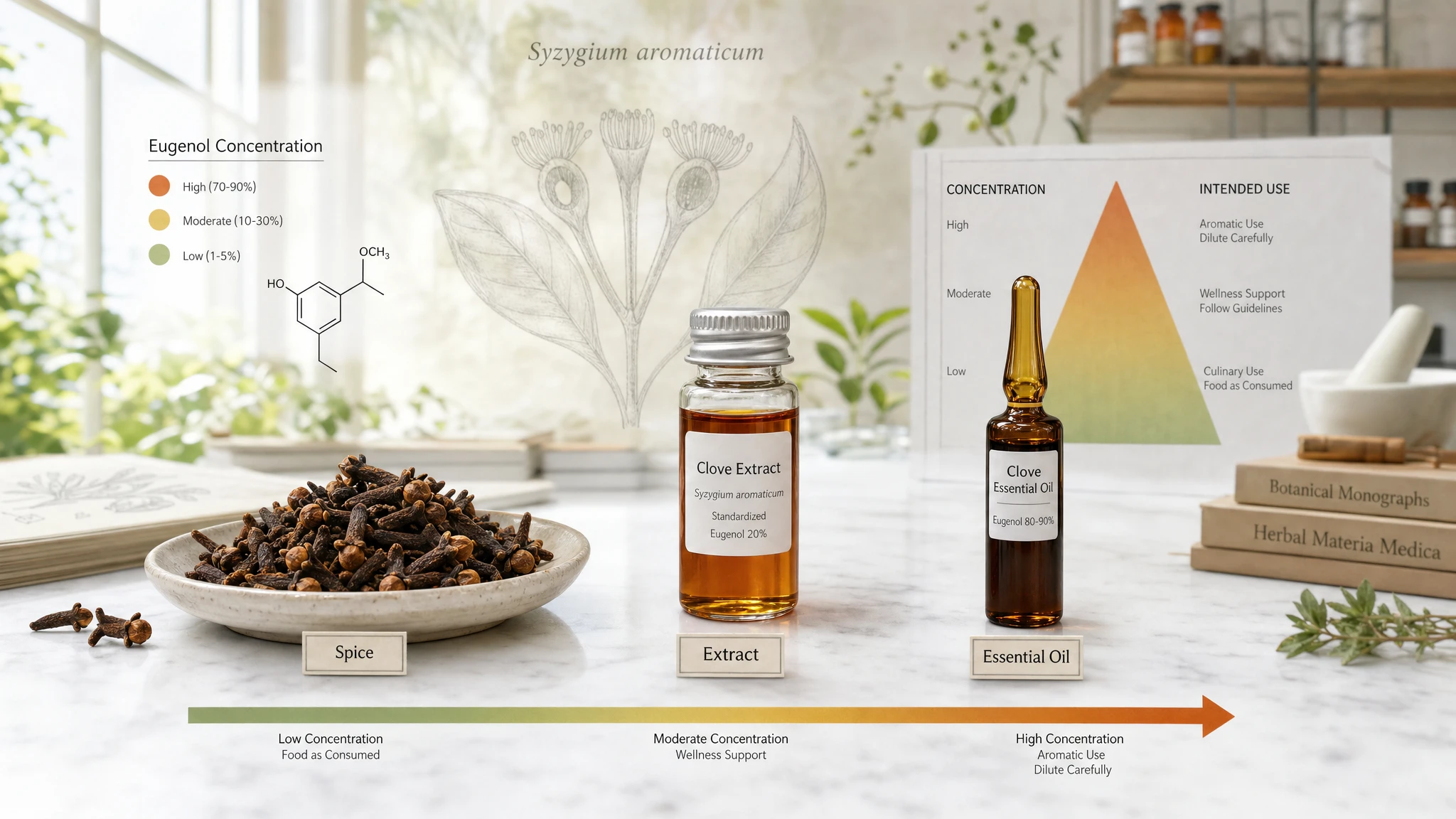 Clous de girofle sous trois formes distinctes : épice entière, extrait liquide et huile essentielle, pour illustrer les différences de concentration et d'usage.