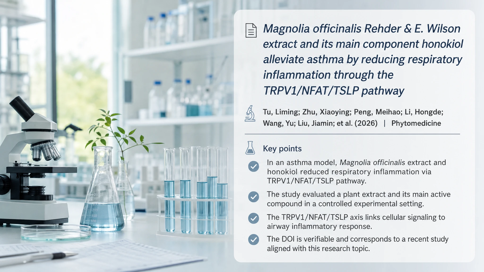 Ricerche recenti e aggiornamenti: Magnolia officinalis Rehder & E. Wilson extract and its main component honokiol alleviate asthma by reducing respiratory inflammation through the TRPV1/NFAT/TSLP pathway