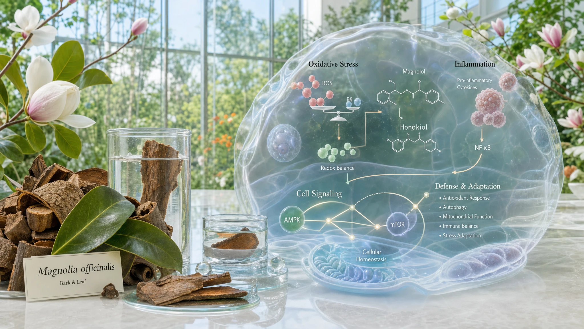 Magnolia officinalis in un ambiente botanico scientifico, con metafore visive di stress ossidativo, infiammazione e regolazione cellulare.
