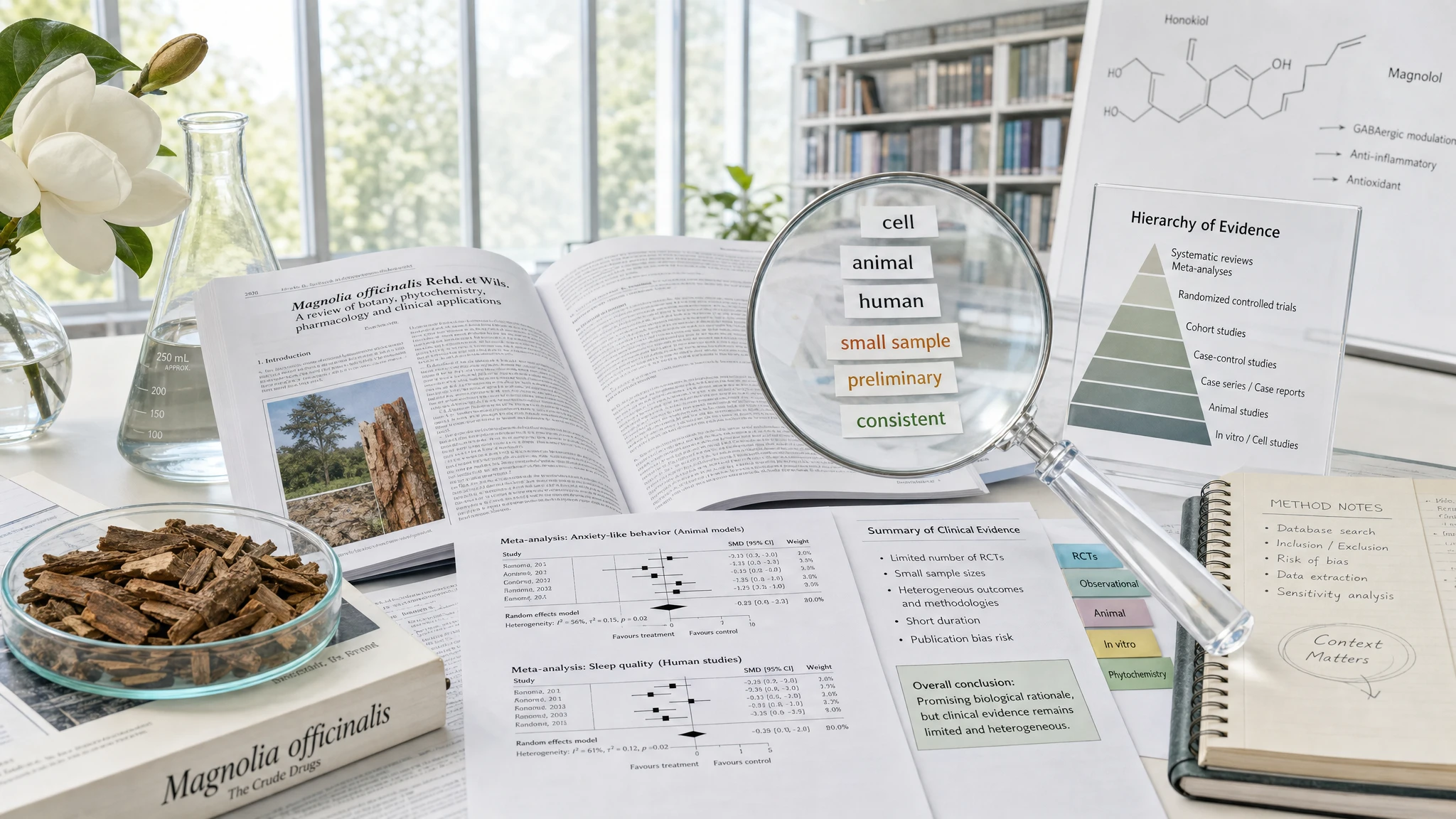 Still-life scientifico con articoli, grafici e corteccia di Magnolia officinalis per rappresentare la lettura critica della letteratura.
