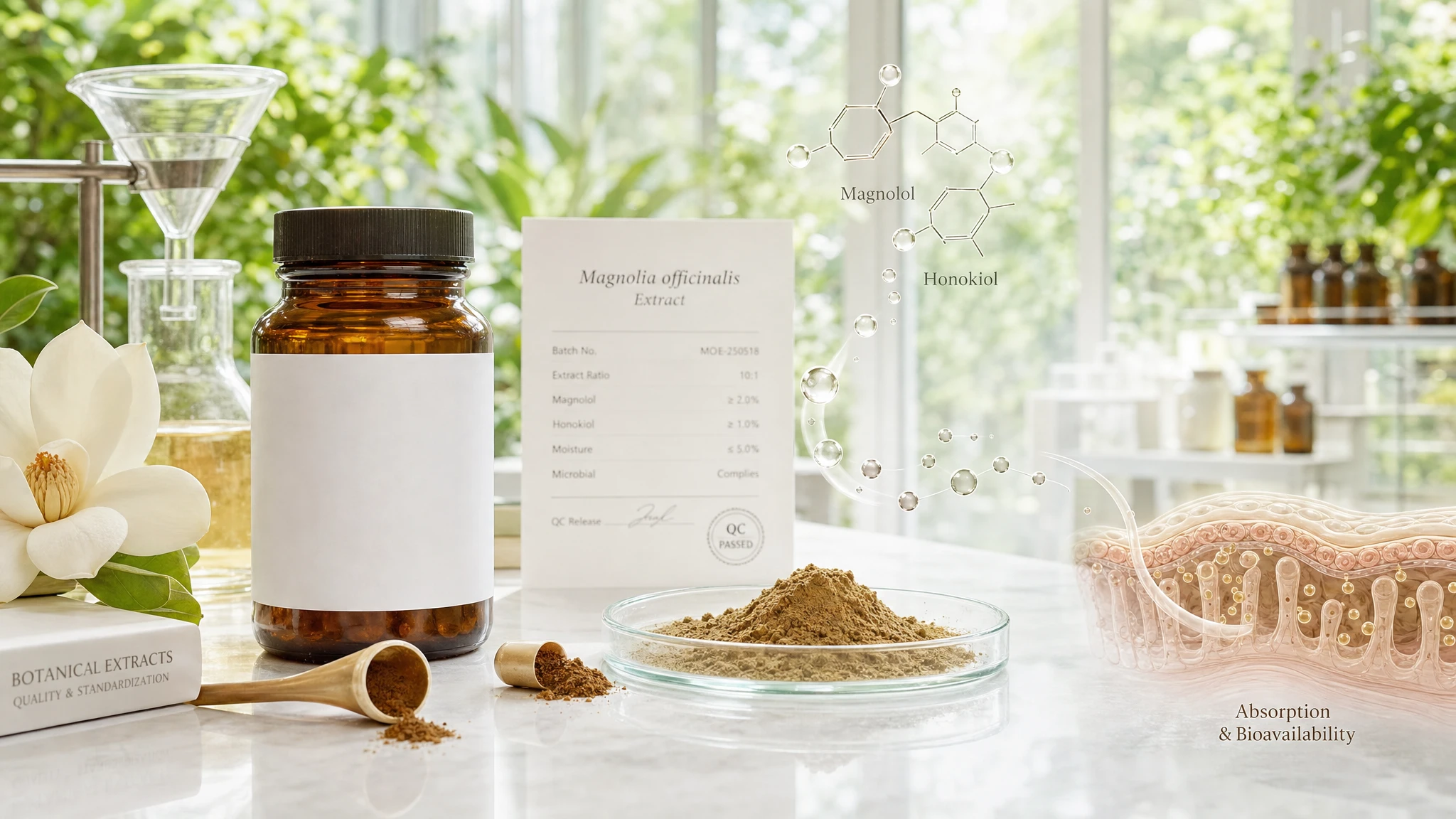 Integratore di Magnolia officinalis con estratto standardizzato, capsule, molecole e simboli di assorbimento in un contesto scientifico luminoso.