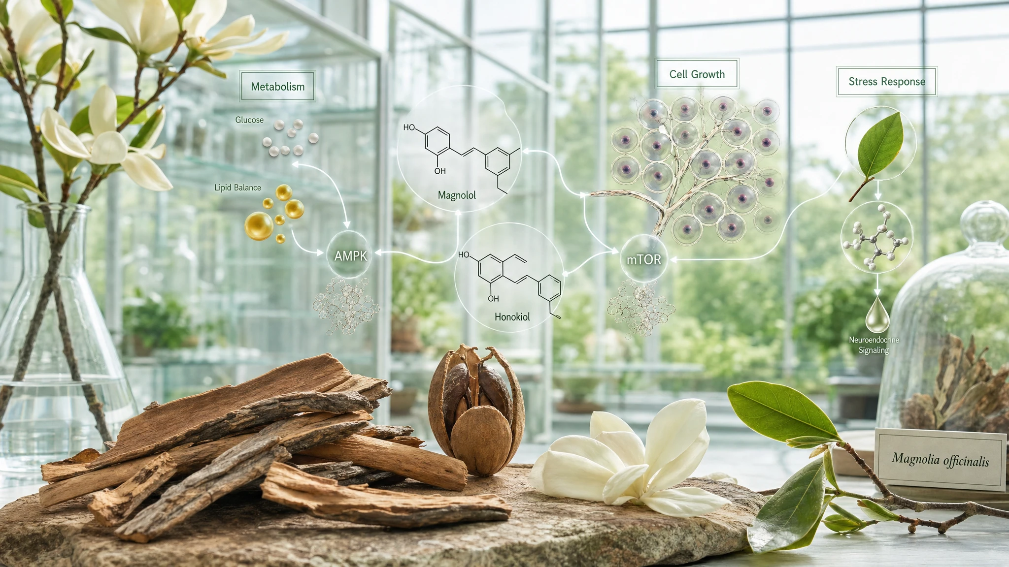 Composizione scientifica con corteccia di Magnolia officinalis, molecole, segnali AMPK e mTOR e richiami a metabolismo e stress cellulare.