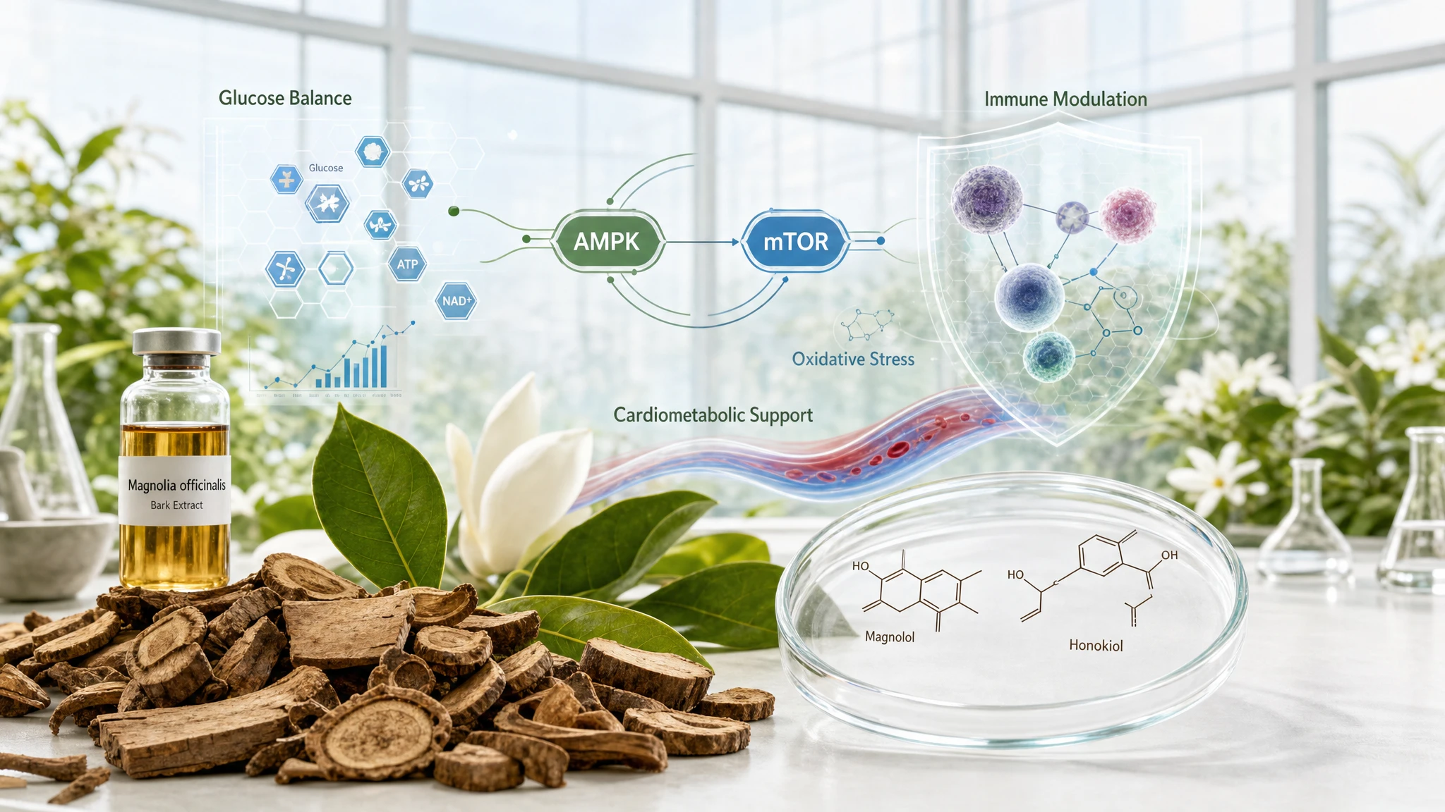 Composizione scientifica con Magnolia officinalis, gluco-equilibrio, AMPK, mTOR e richiami visivi a cuore e immunità.