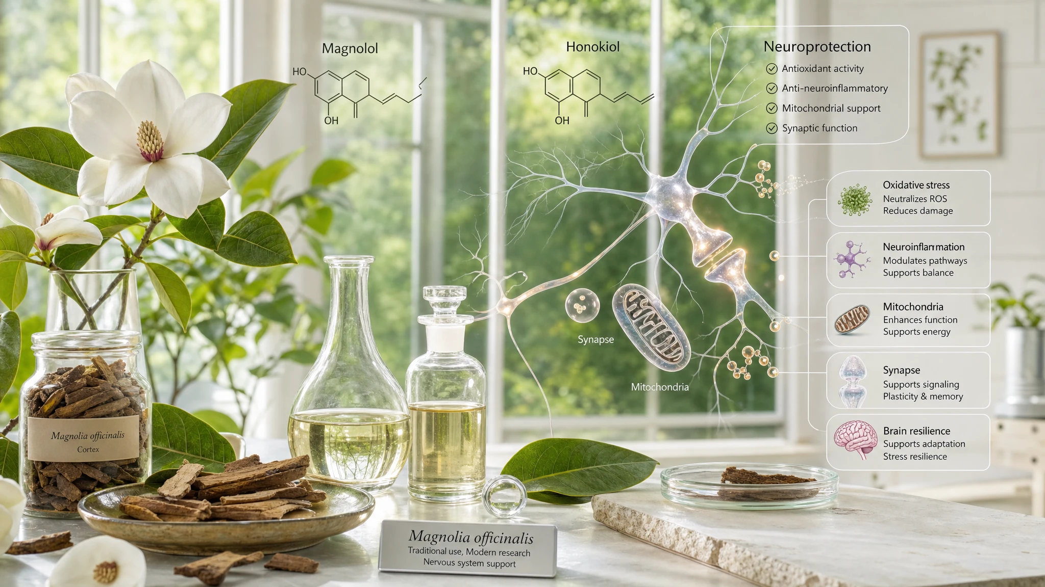 Composizione scientifica con Magnolia officinalis, estratto botanico e simboli di neuroni, a rappresentare neuroprotezione e resilienza cerebrale.