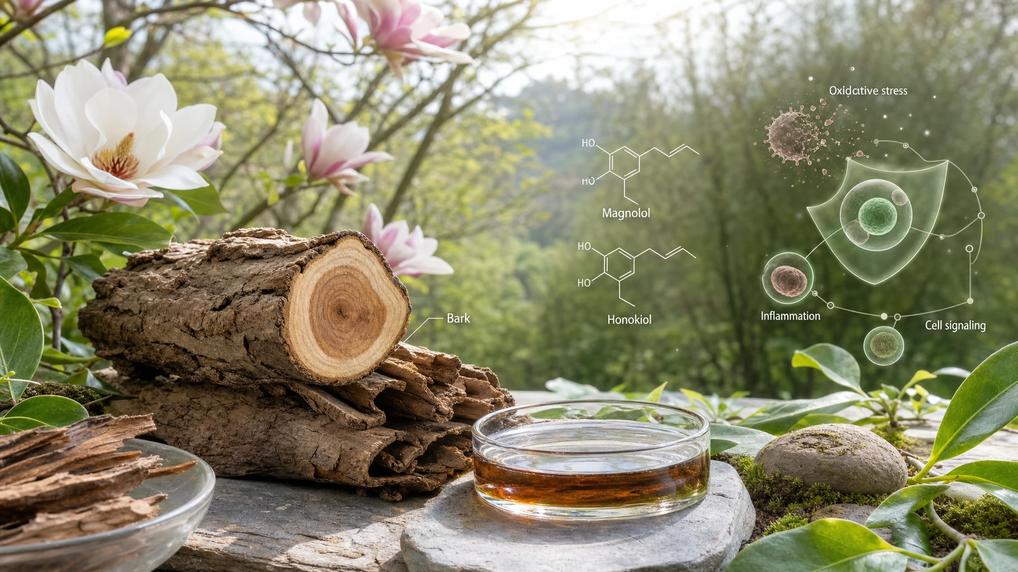 Corteccia di Magnolia officinalis con estratto vegetale e schemi molecolari, in un contesto botanico luminoso e scientifico.