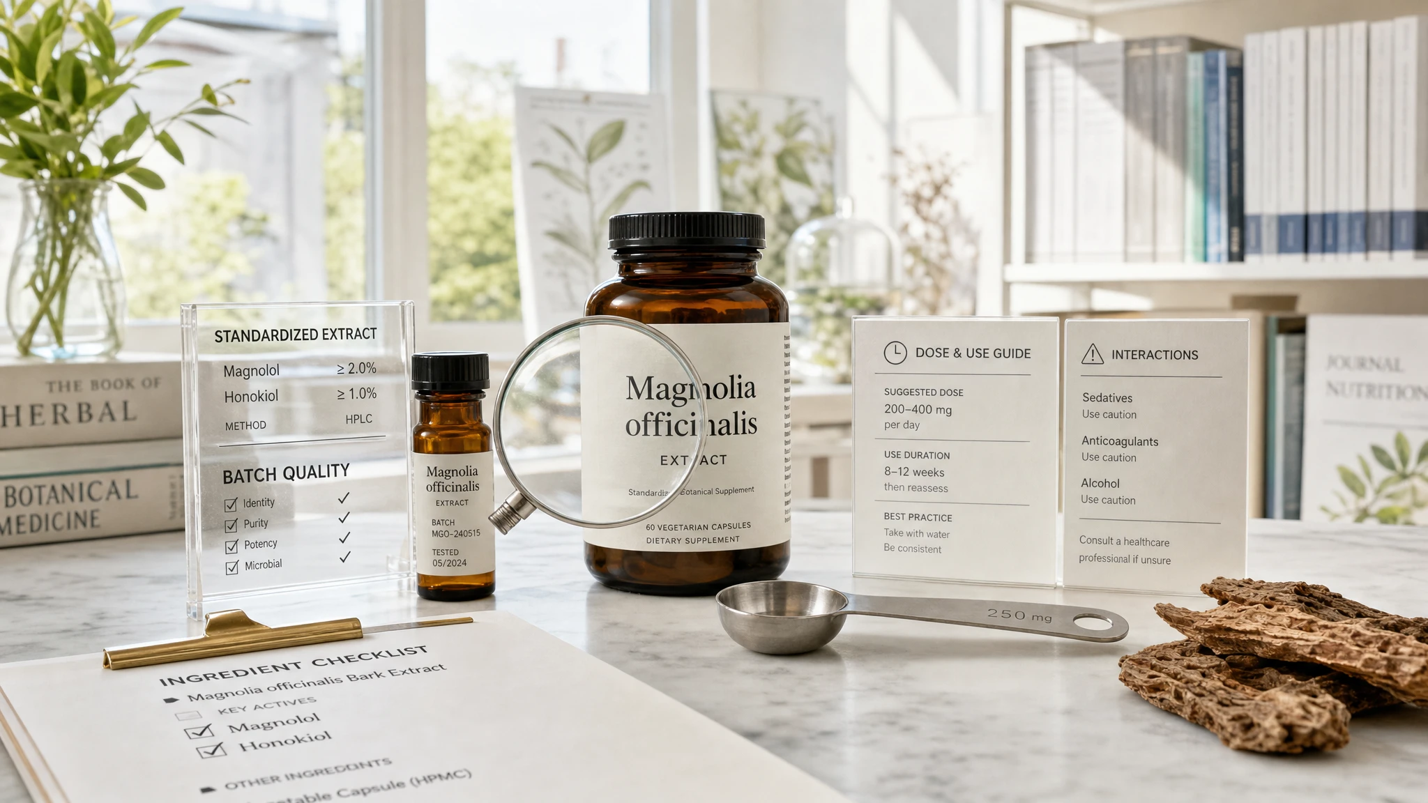 Integratore di Magnolia officinalis con etichetta standardizzata, scheda dosaggio e riferimenti a magnololo e onokiolo in un contesto scientifico.