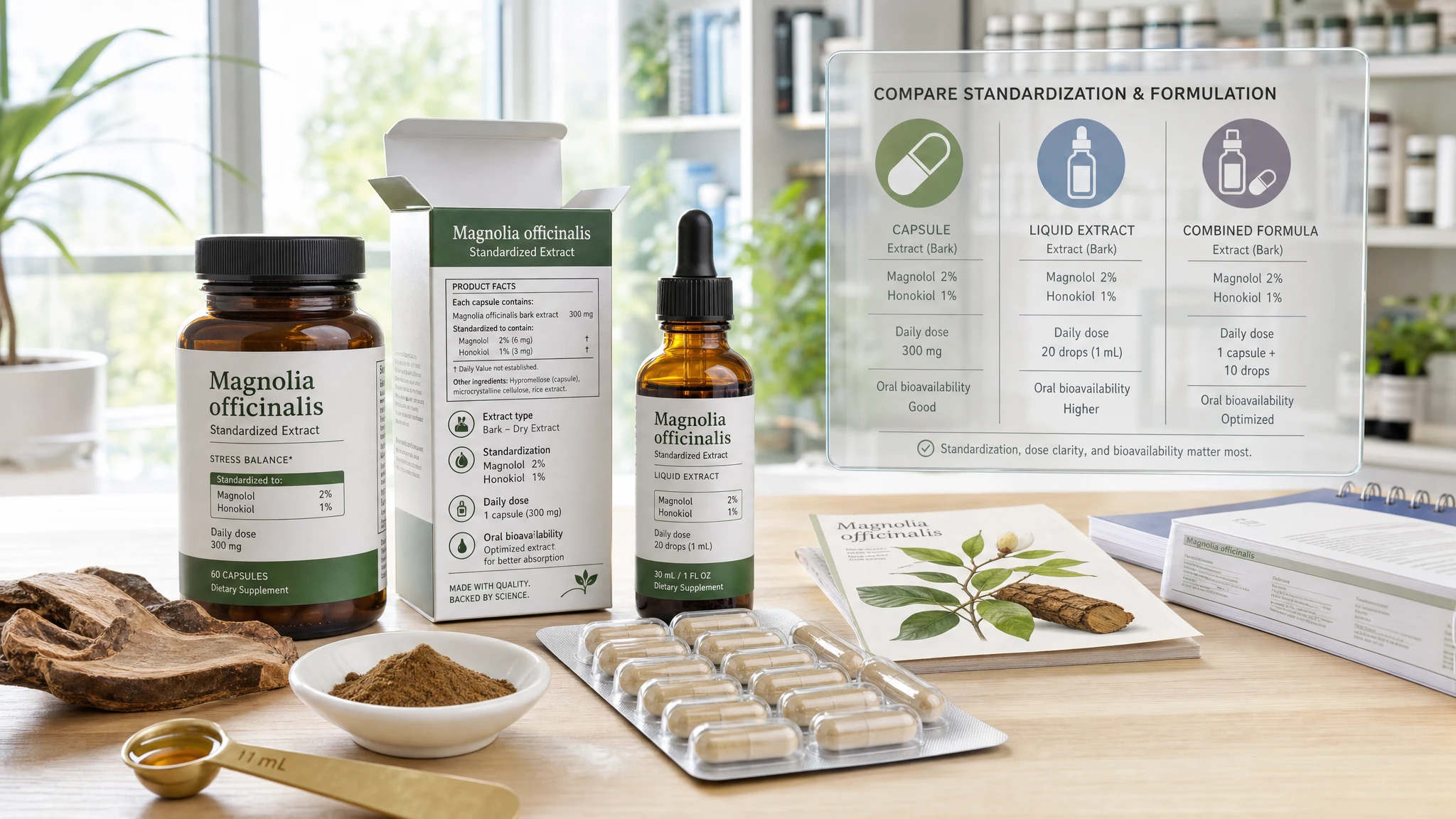 Integratore di Magnolia officinalis con etichetta leggibile, standardizzazione in magnololo e onokiolo, e confronto tra diverse formulazioni.