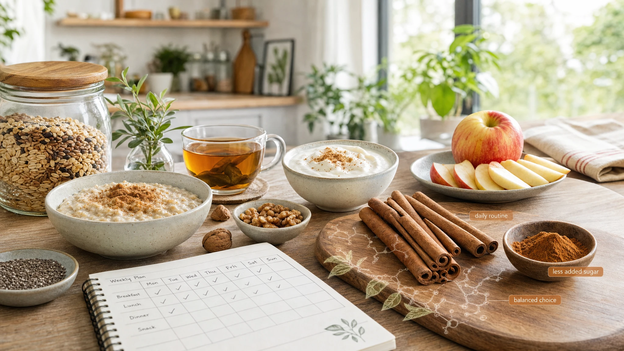 Still-life editoriale con cannella, porridge, mela e yogurt, per illustrare il ruolo della spezia nella nutrizione preventiva quotidiana.