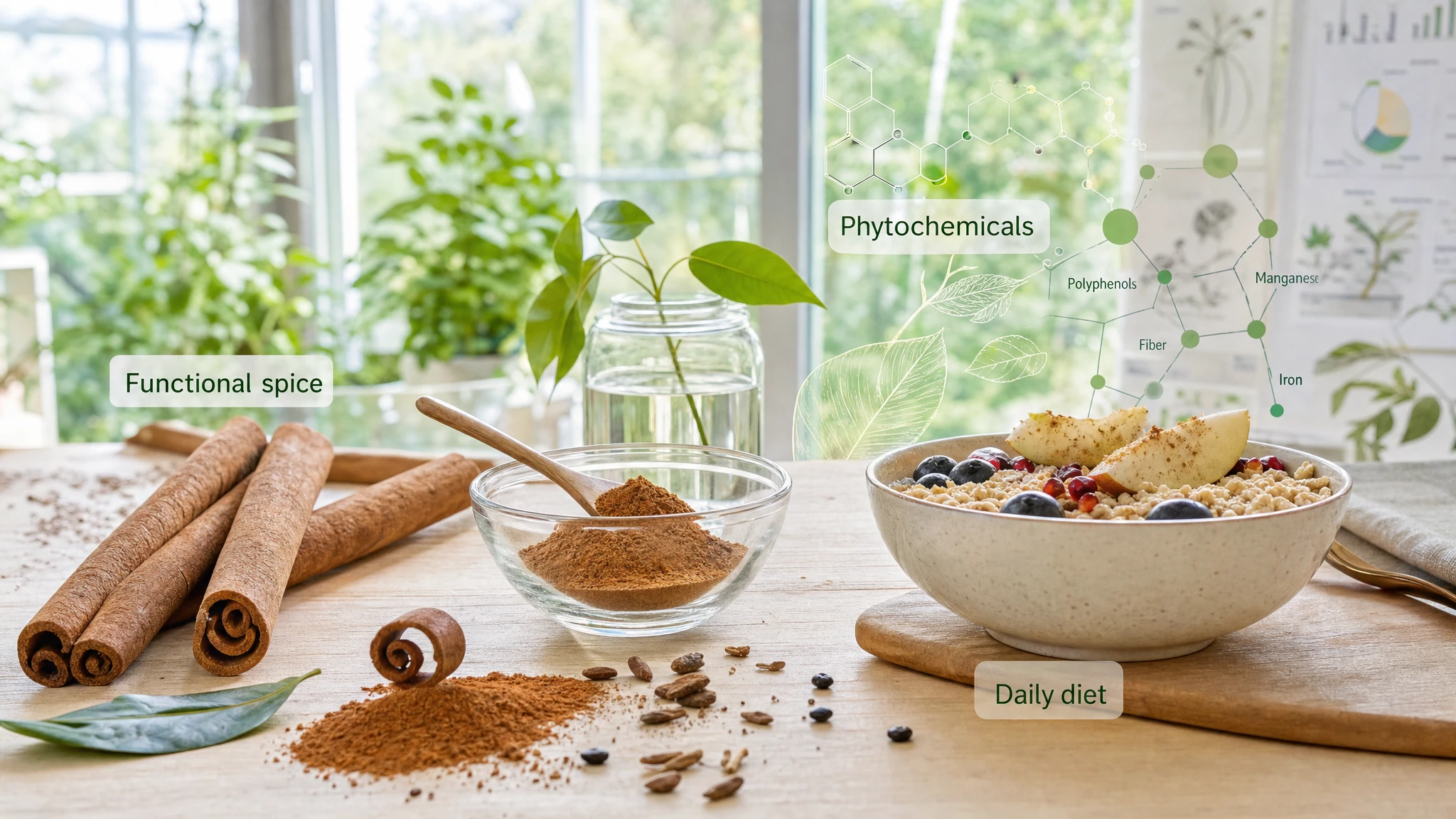 Cannella in polvere e stecche con richiami botanici e nutrizionali, in una scena editoriale luminosa e scientifica.