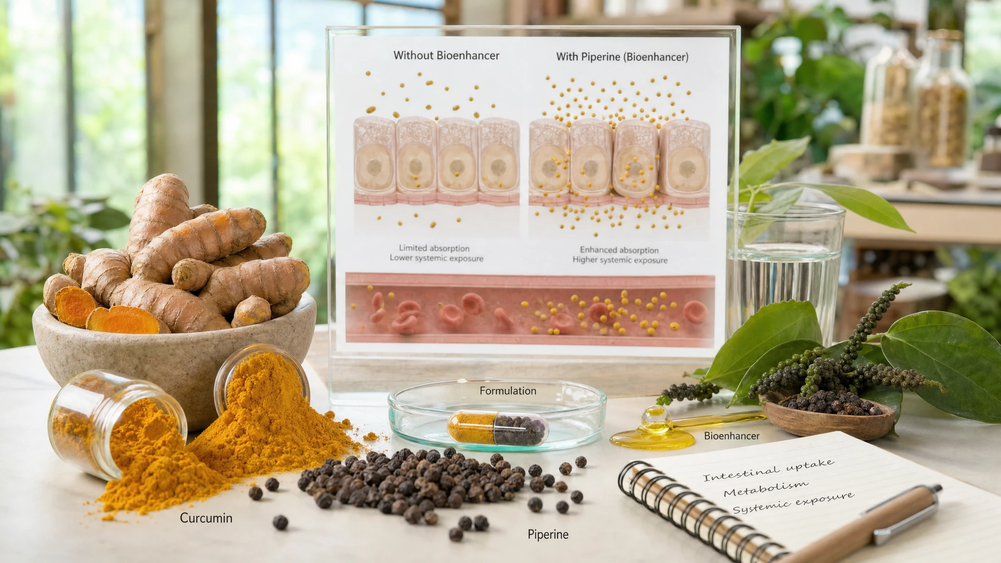 Curcumina y piperina en un bodegón científico, con referencias visuales a la formulación y a la absorción intestinal.