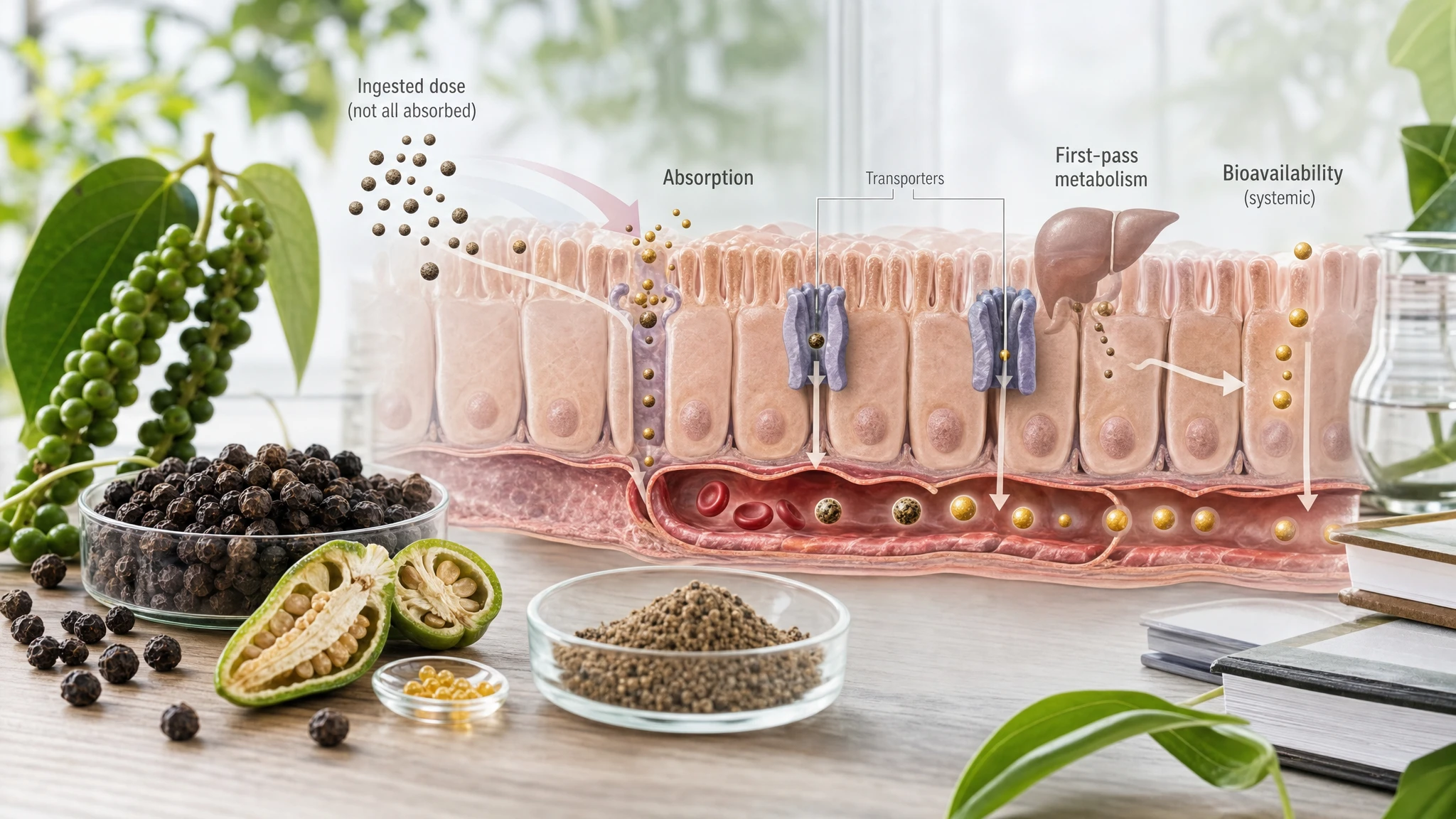 Composición científica con pimienta negra, intestino estilizado y moléculas en tránsito, para explicar la absorción y la biodisponibilidad.