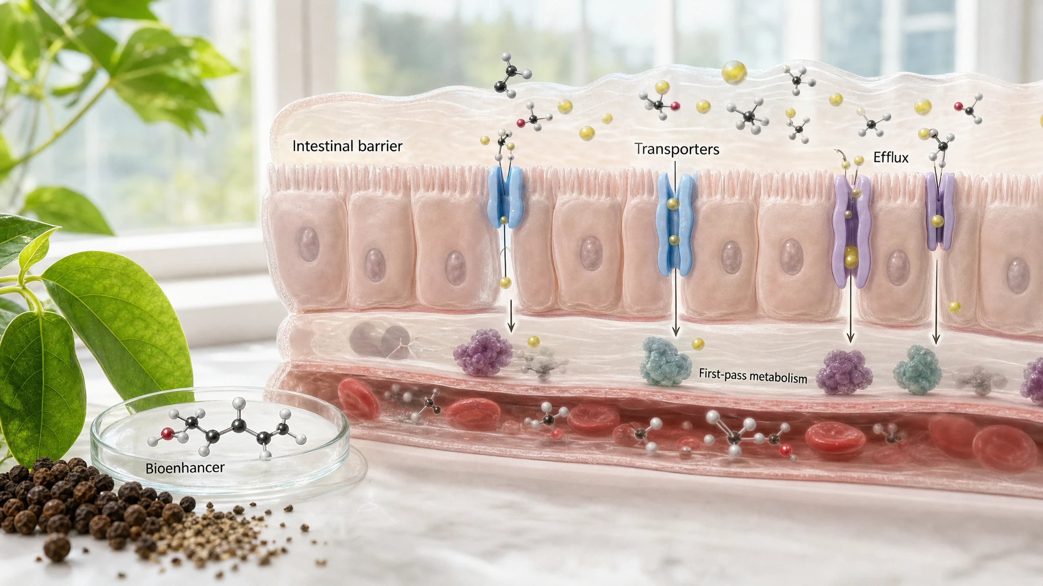 Piperina y barrera intestinal con transportadores de membrana y flujo molecular, en una escena científica natural y realista.