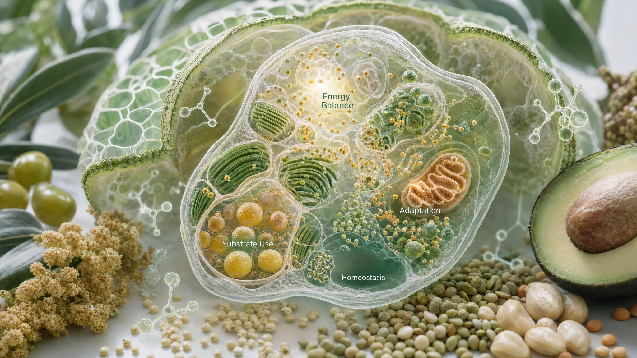 Editorial illustration of a cell reorganizing energy metabolism with AMPK, between resource conservation and metabolic balance.