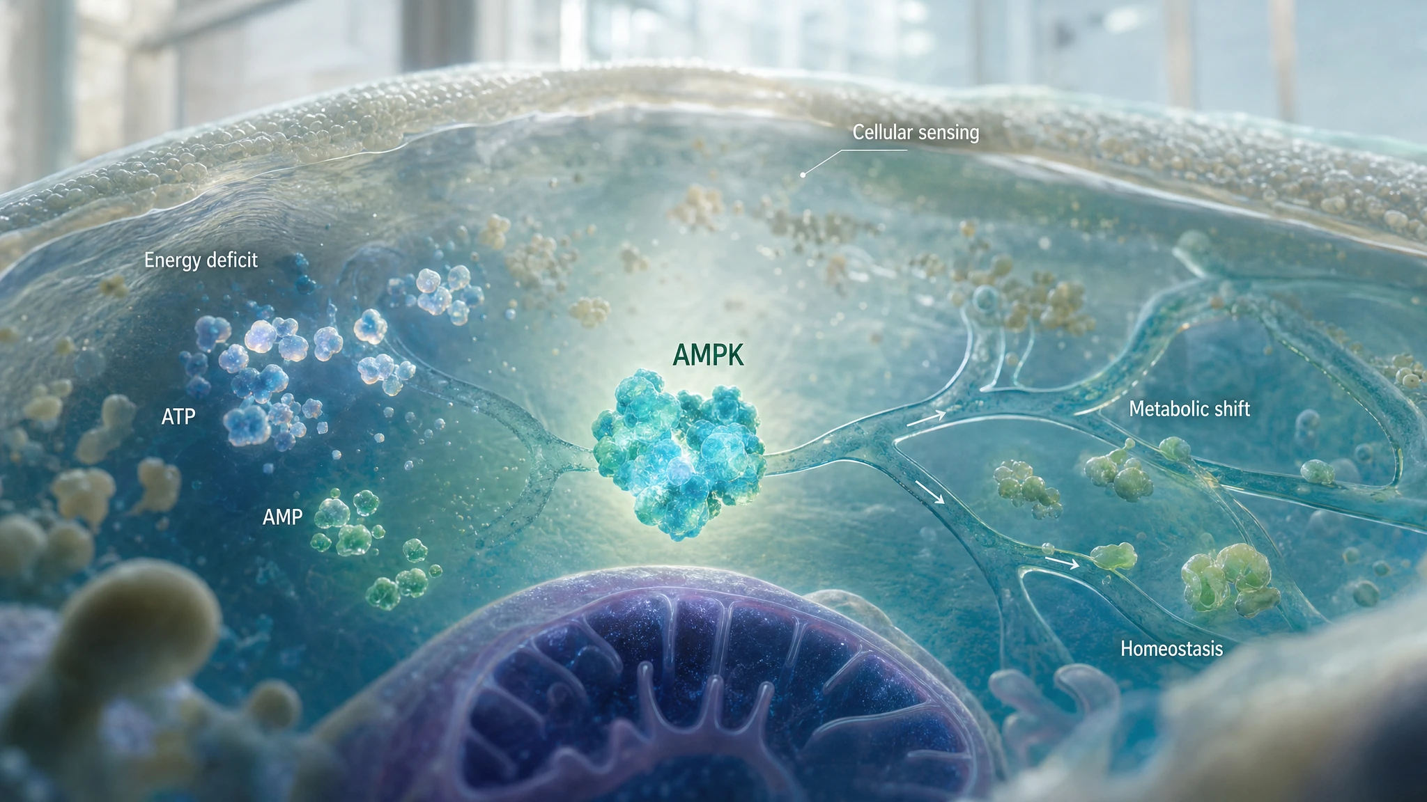 Scientific representation of AMPK as a cellular energy sensor, with signals of energy, metabolism, and adaptation in a realistic biological environment.