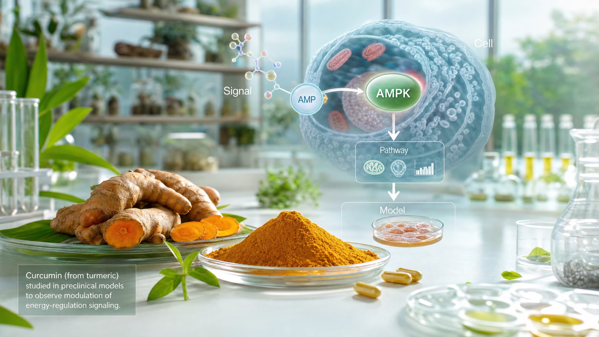 Curcumin and AMPK in an experimental model, with molecular symbols and a botanical biological research context.