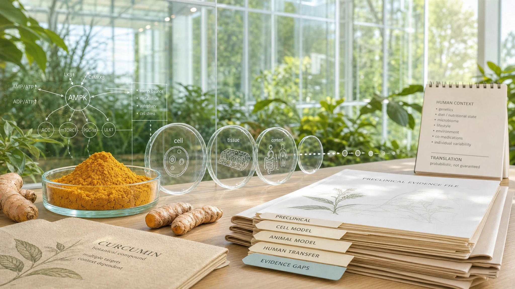 Curcumin and AMPK represented in a scientific botanical context, with documents and signs of limited preclinical evidence.