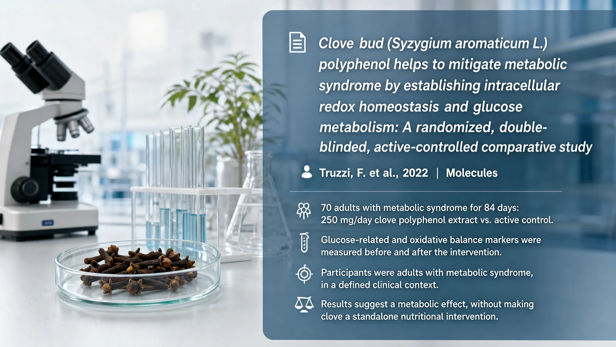 Aktuelle Forschung und Aktualisierungen: Clove bud (Syzygium aromaticum L.) polyphenol helps to mitigate metabolic syndrome by establishing intracellular redox homeostasis and glucose metabolism: A randomized, double-blinded, active-controlled comparative study