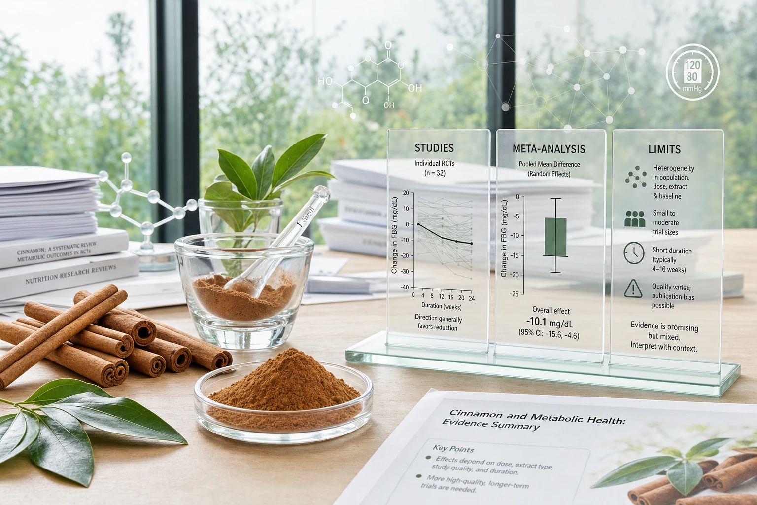 Composition éditoriale avec de la cannelle, des graphiques et des documents représentant des études cliniques, des méta-analyses et les limites des preuves scientifiques.