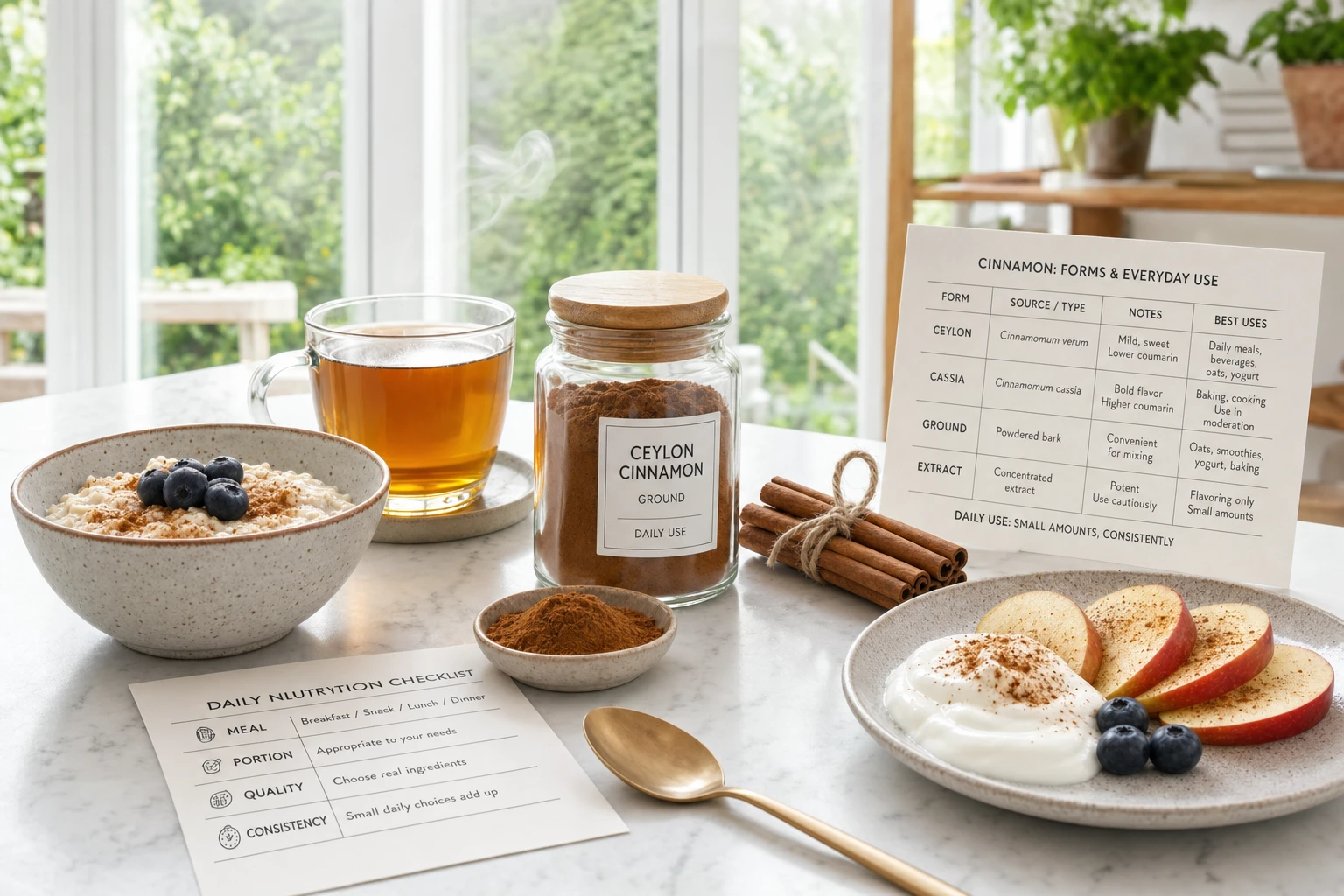 Nature morte éditoriale avec de la cannelle en poudre et en bâtons, du yaourt, de l'avoine, des fruits et des étiquettes illustrant l'utilisation quotidienne dans l'alimentation.