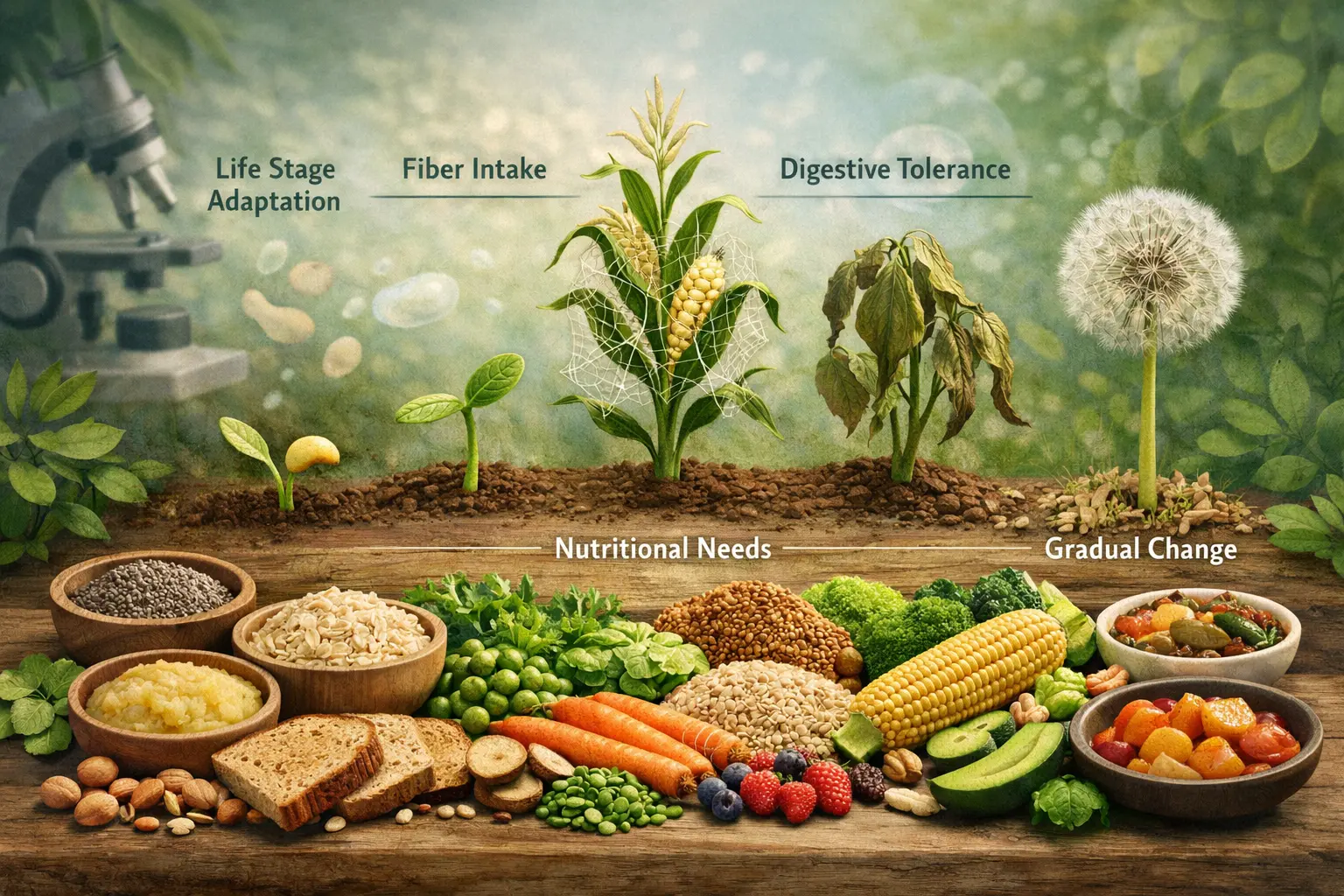 Dietary fiber in different stages of life with representation of the biological cycle and nutritional adaptation